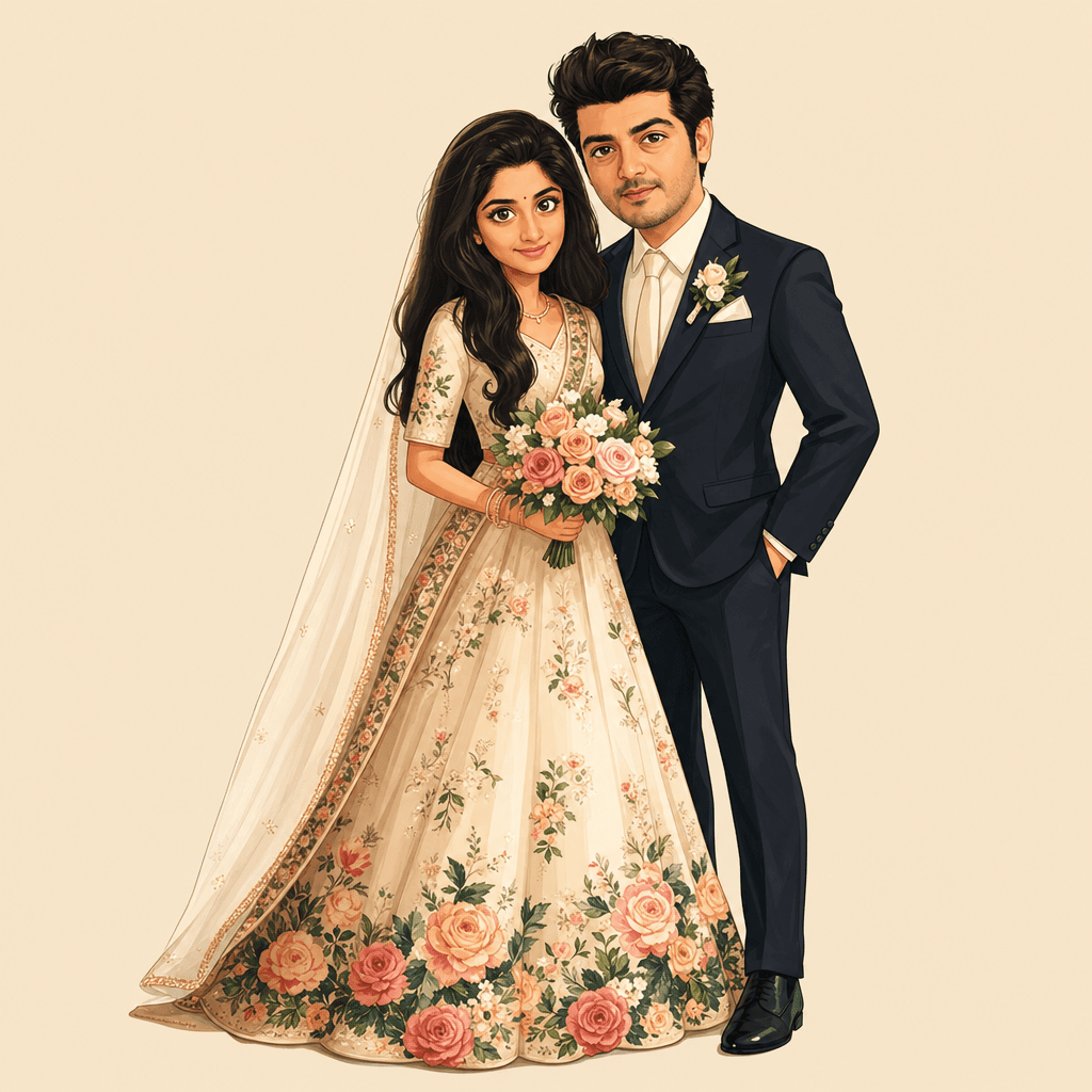 Illustrated couple in wedding attire